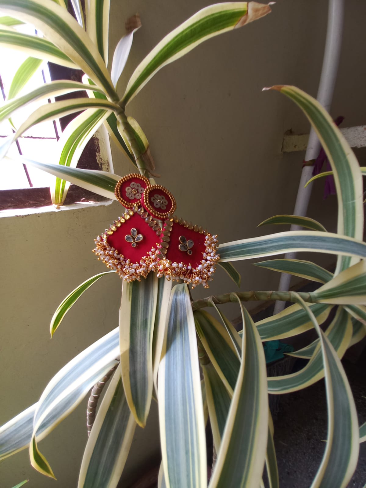 Red Golden fabric earrings