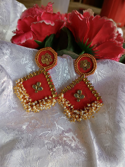 Red Golden fabric earrings