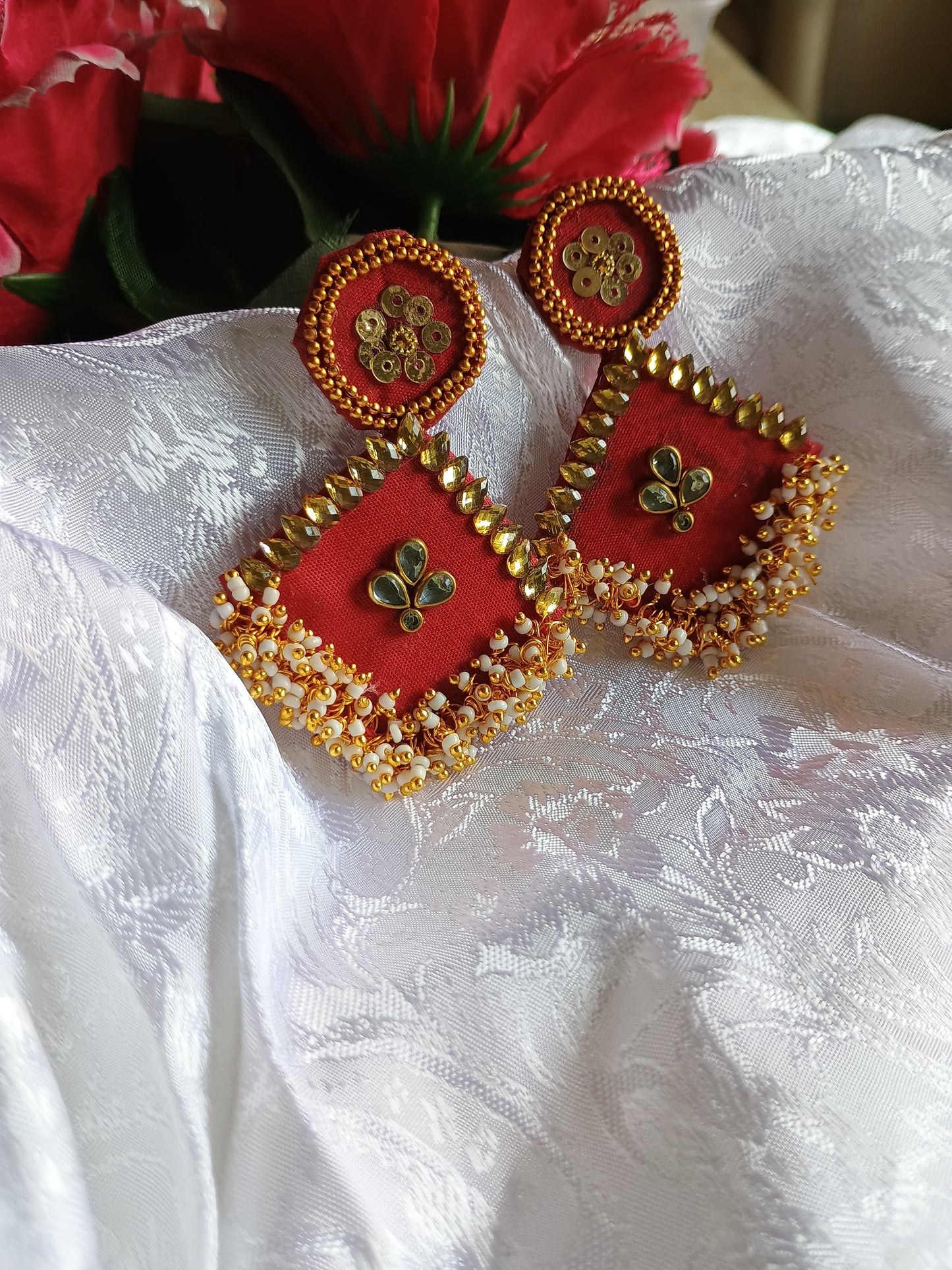 Red Golden fabric earrings