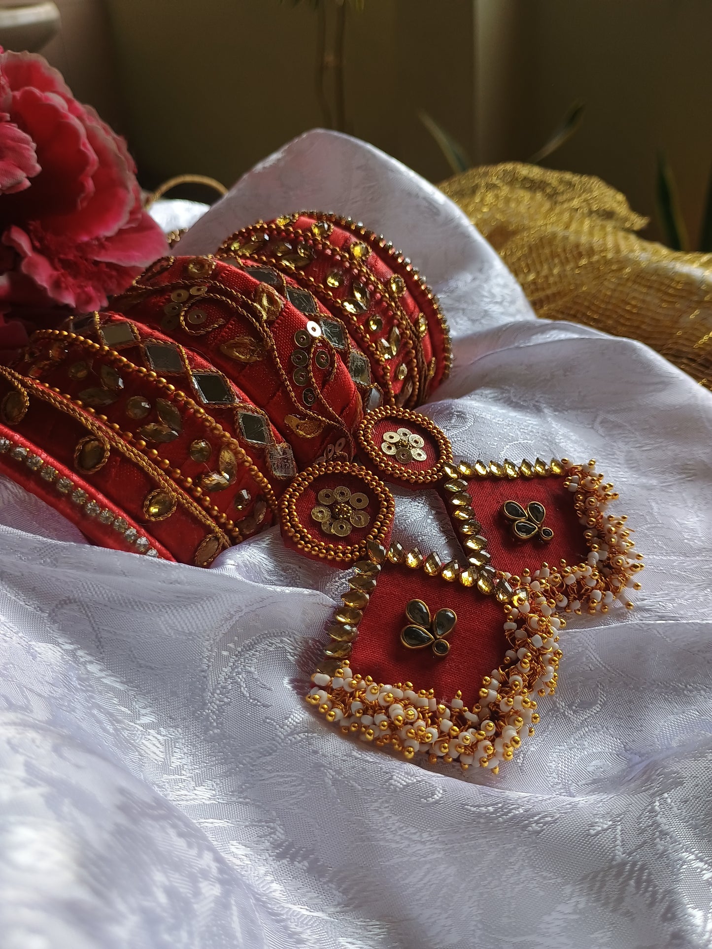 Handmade Red Golden Chuda Bangles with Earrings