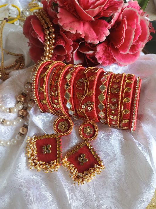 Handmade Red Golden Chuda Bangles with Earrings