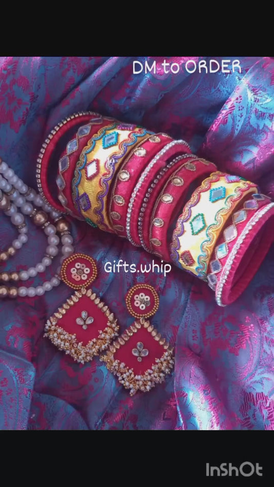 Red and Yellow bridal bangles set with earrings